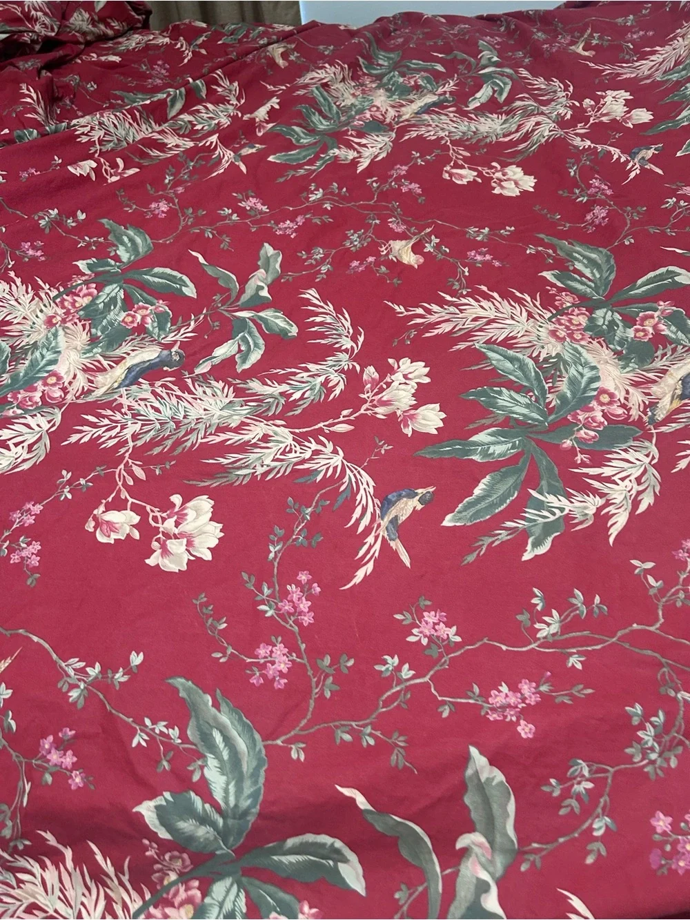 Pottery Barn King Duvet  Organic Cotton  Tropical Birds Leaves Crimson Red
